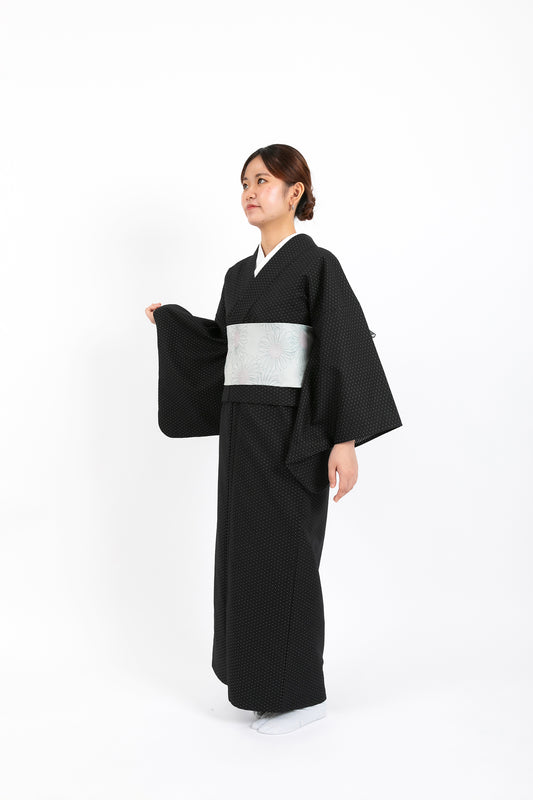YOURかんたん着物 花織風ドット模様ブラック | 紬のような風合いのカジュアルなデザイン