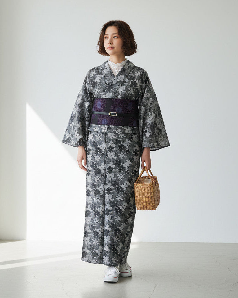 3分で1人でかんたんに着られるモノトーン花柄の洗える着物(緑/紺) M-XL