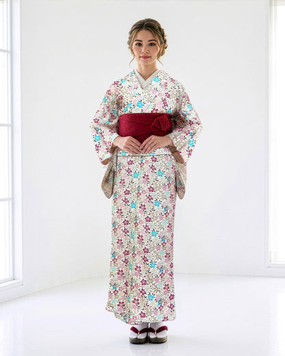 YOUR Easy Kimono - Cherry Blossom Medley - White | An adult-cute, washable, modern kimono with pink and blue cherry blossom patterns standing out on an elegant white background. Sizes M-XL.