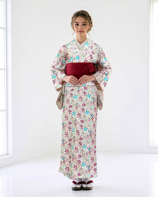 YOUR Easy Kimono - Cherry Blossom Medley - White | An adult-cute, washable, modern kimono with pink and blue cherry blossom patterns standing out on an elegant white background. Sizes M-XL.