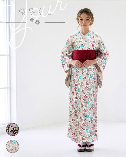 YOUR Easy Kimono - Cherry Blossom Medley - White | An adult-cute, washable, modern kimono with pink and blue cherry blossom patterns standing out on an elegant white background. Sizes M-XL.