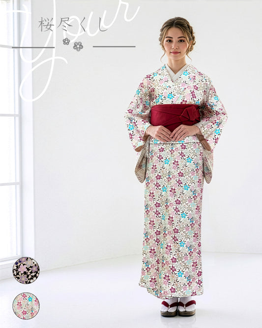 YOUR Easy Kimono - Cherry Blossom Medley - White | An adult-cute, washable, modern kimono with pink and blue cherry blossom patterns standing out on an elegant white background. Sizes M-XL.