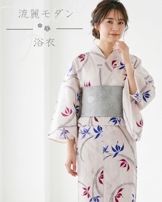 YOUR かんたん浴衣 流麗モダン | ほんのり色づく薄ピンク地と青・マゼンタのコントラストが美しく映える古典モダンな洗える綿浴衣