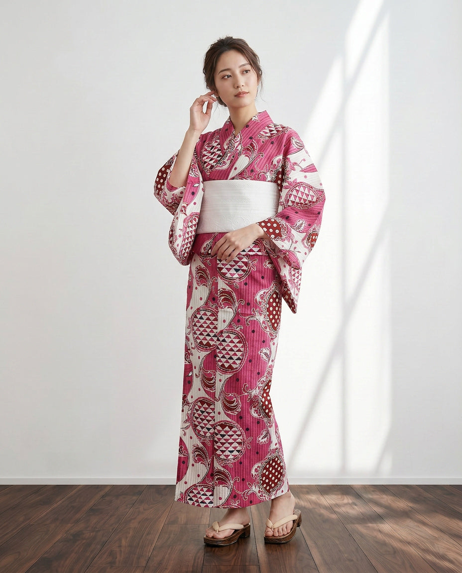 三松しゃら　綿浴衣　ドット　桃色系（ピンク） 3分で1人でかんたんに凜と着られる幾何学ドット柄の洗える綿100%浴衣