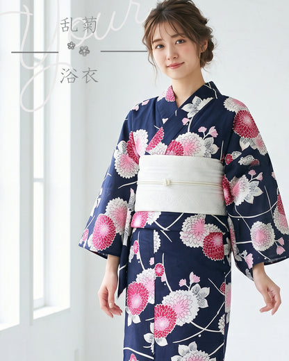 YOUR かんたん浴衣 菊華モダン | 黒地に映える鮮やかなピンクと大ぶりの菊華が織りなす古典フェミニンな洗える綿浴衣