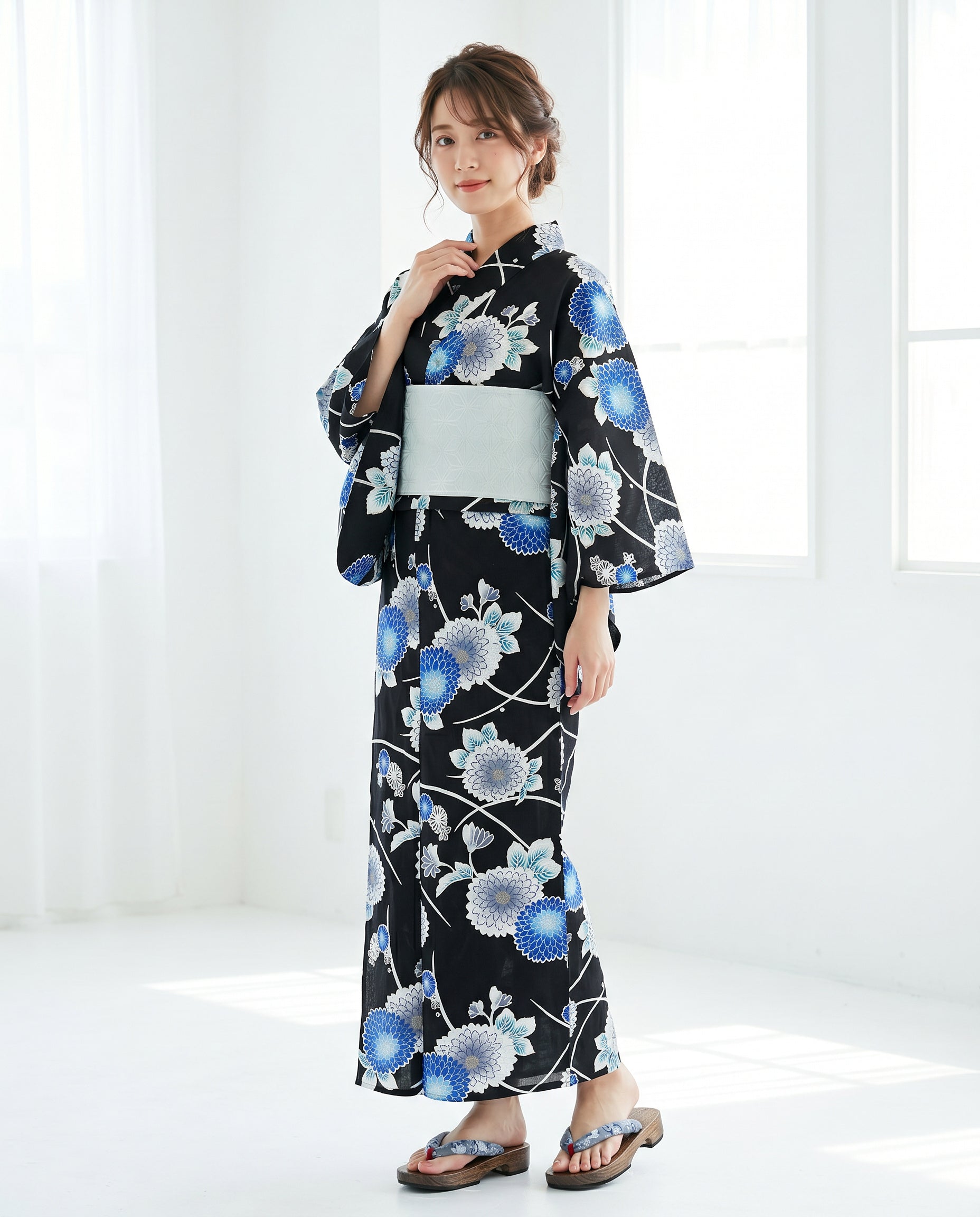 3分で1人でかんたんに着られる菊柄の洗える綿100%浴衣(ブルー)｜老舗