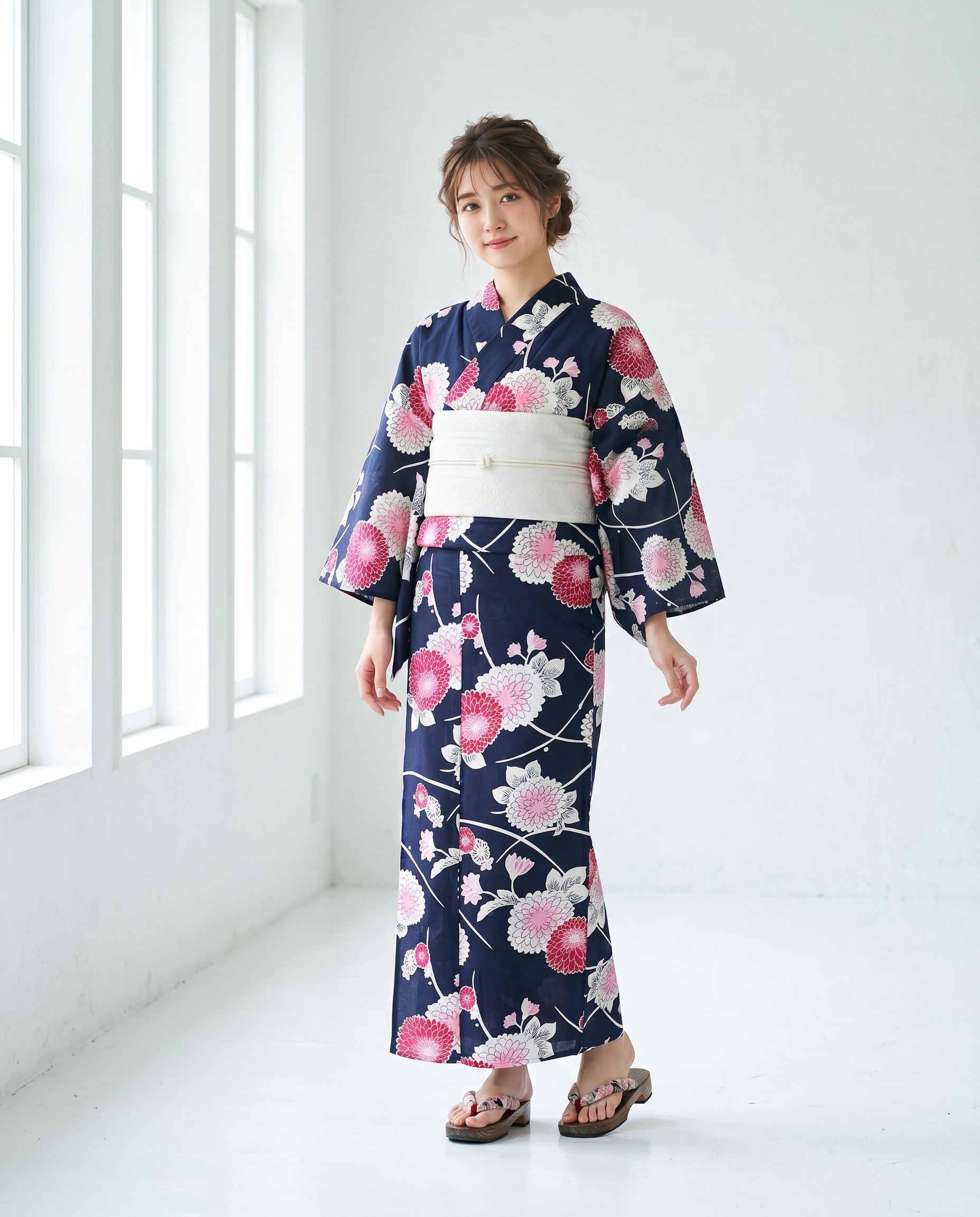 3分で1人でかんたんに着られる菊柄の洗える綿100%浴衣(ピンク)｜老舗