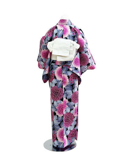 YOUR かんたん浴衣 艶紫陽花 | 華やかなマゼンタピンクと大ぶりのあじさいが織りなすレトロモダンな洗える綿浴衣