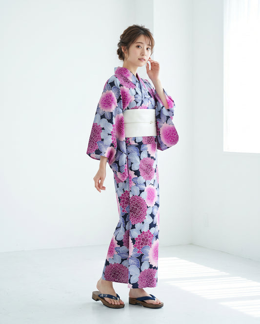 YOUR かんたん浴衣 艶紫陽花 | 華やかなマゼンタピンクと大ぶりのあじさいが織りなすレトロモダンな洗える綿浴衣