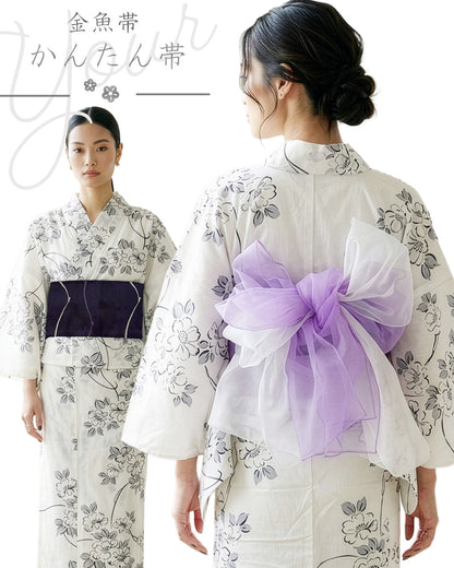 YOUR 簡易和服半幅帶 金魚帶 優雅菊花圖樣 黑×米色 M