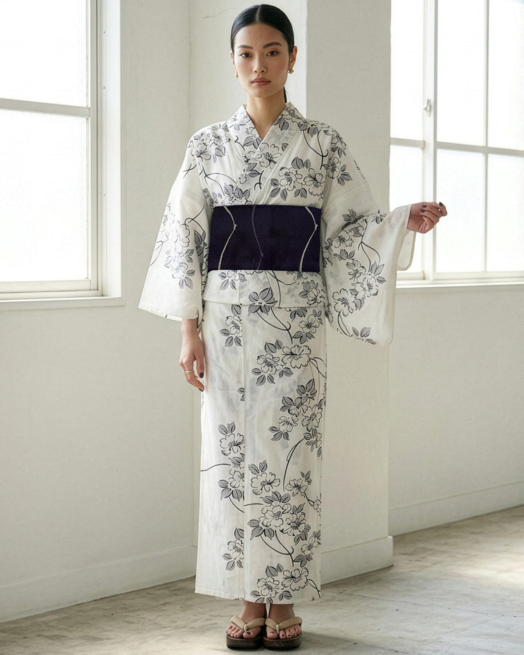 YOUR 簡易和服半幅帶 金魚帶 優雅菊花圖樣 黑×米色 M
