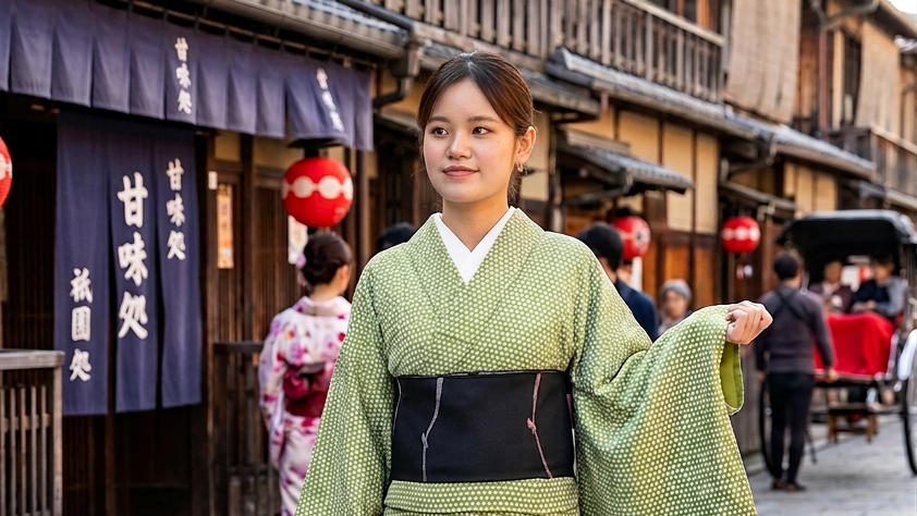 ４．持ち運びやすさ
着付けの知識や、たくさんの小物は必要ありません。いつでもどこでもひとりで着られるので、鞄に入れて持っていけば旅先での街歩きを着物で楽しめます。レディースには自分で着丈を伸ばせるタックがあります。