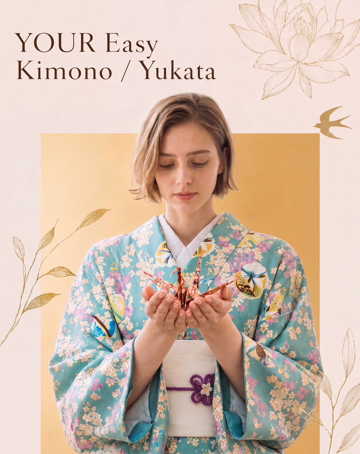 ツカモト市田株式会社による「YOUR かんたん着物／浴衣 POP-UP（HANA KASANE）」の告知チラシ。2026年8月21日から27日まで京都・新風館で開催。着物を着た外国人女性が折り鶴を持っている様子。