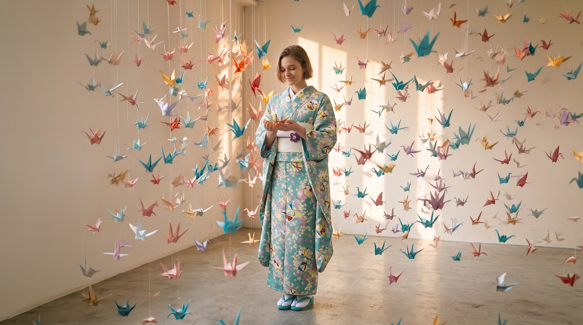 ツカモト市田株式会社による「YOUR かんたん着物／浴衣 POP-UP（HANA KASANE）」の告知チラシ。2026年8月21日から27日まで京都・新風館で開催。着物を着た外国人女性が折り鶴を持っている様子。